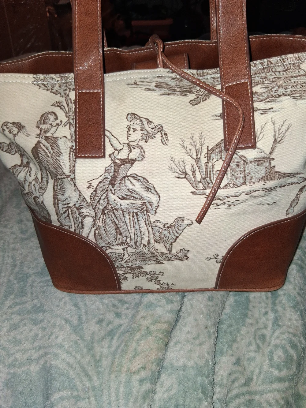 Canvas & Brown Faux Leather Tote with Vintage Toile Print